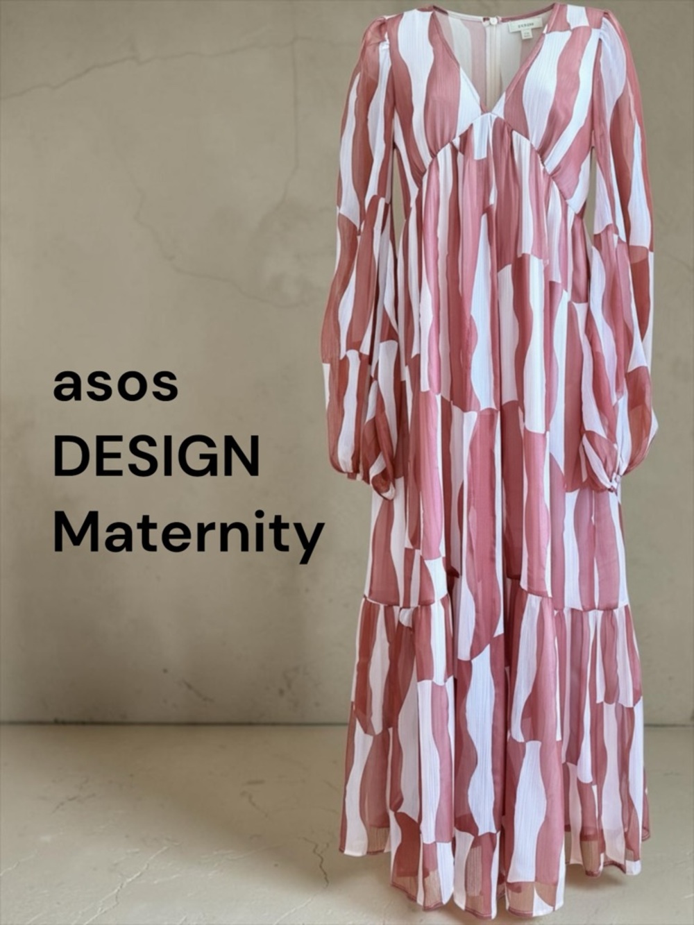 ASOS Design Maternity Pink Burgundy Boho Maxi Dress Long Sleeve Empire Waist